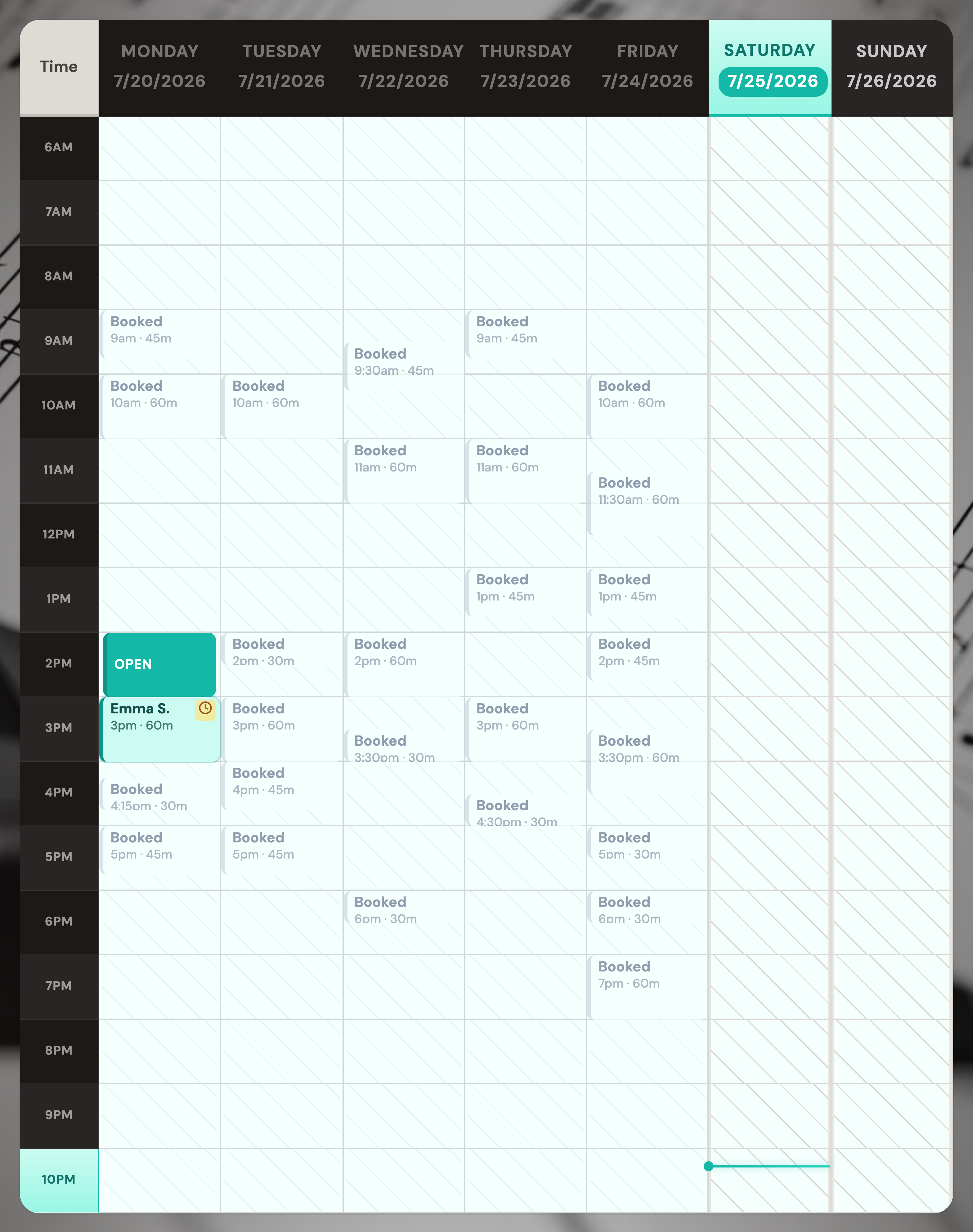 The weekly calendar: your own lesson shown by name in teal, other families' times marked Booked, and an open time shown as a green Open slot