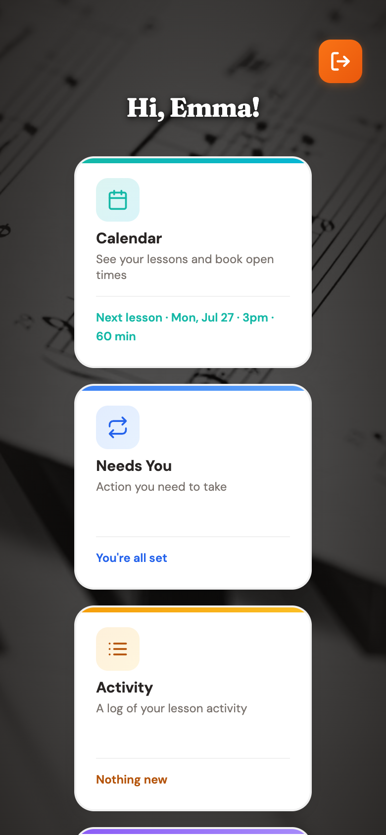 The family home screen showing the next lesson and the Calendar, Needs You, and Activity tiles