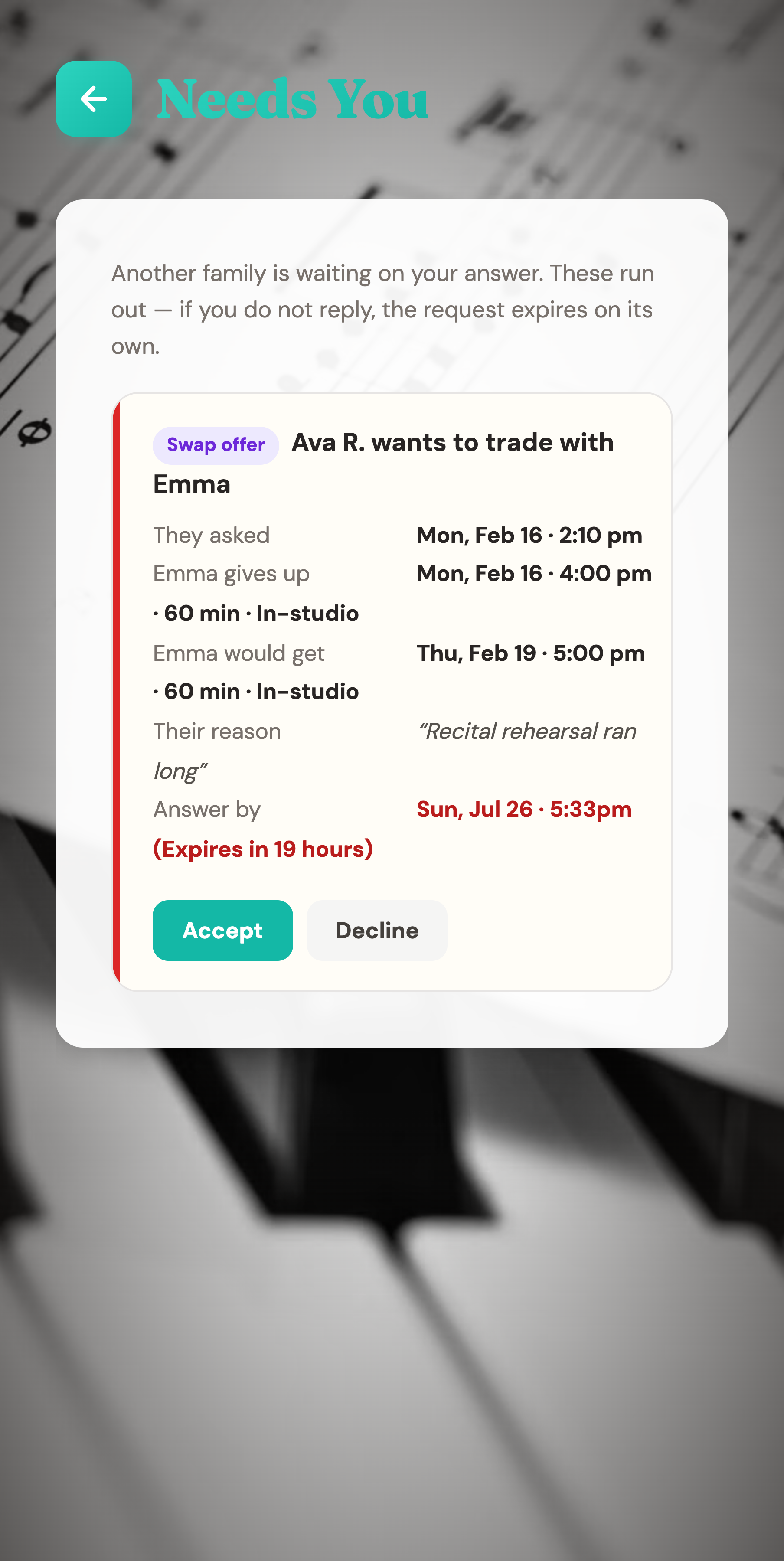 The Needs You screen showing a swap another family has offered, with accept and decline options