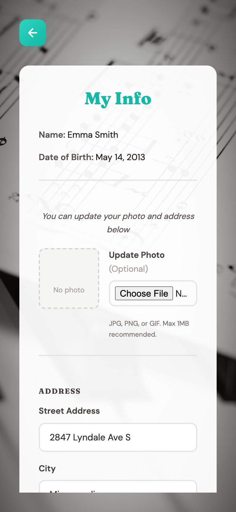 The profile screen showing name, date of birth, photo, and address fields
